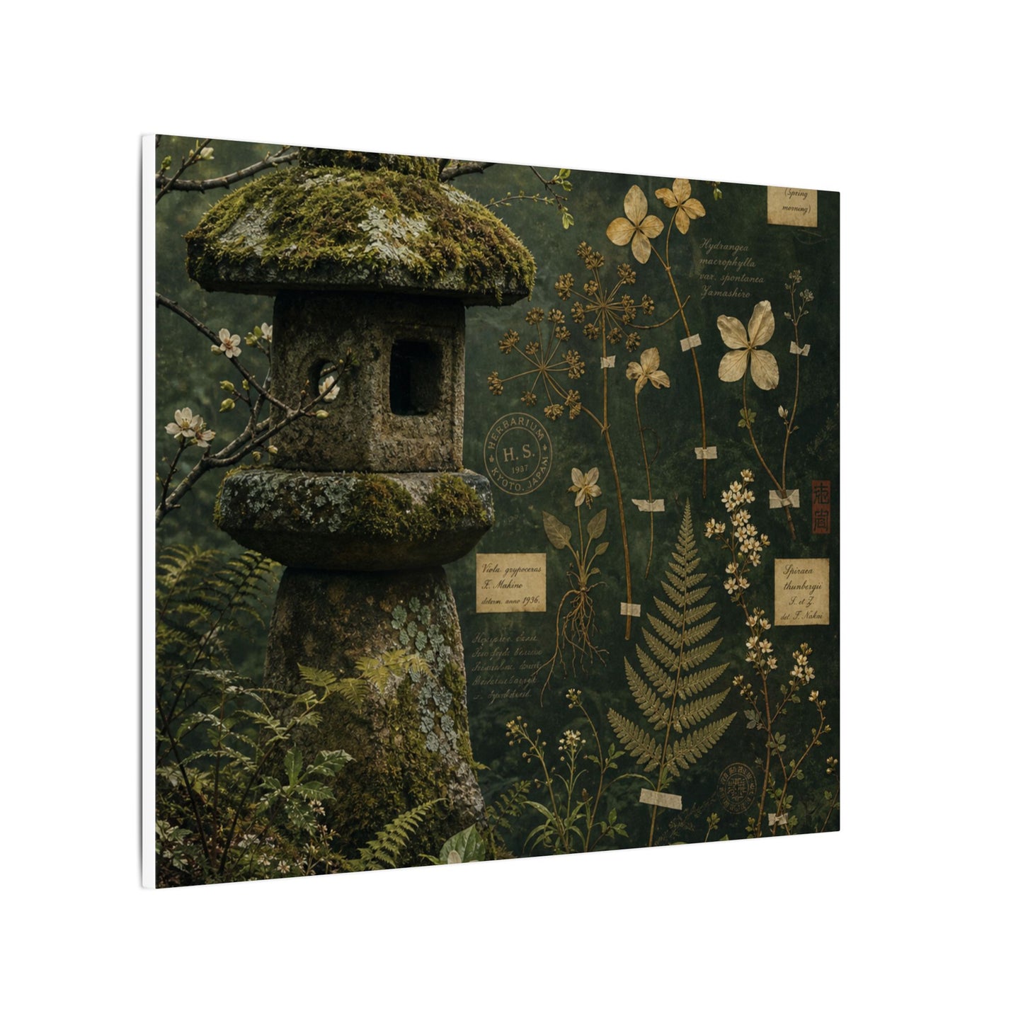 Spring Stone Lantern Herbarium Canvas Art | Nostalgic Decor