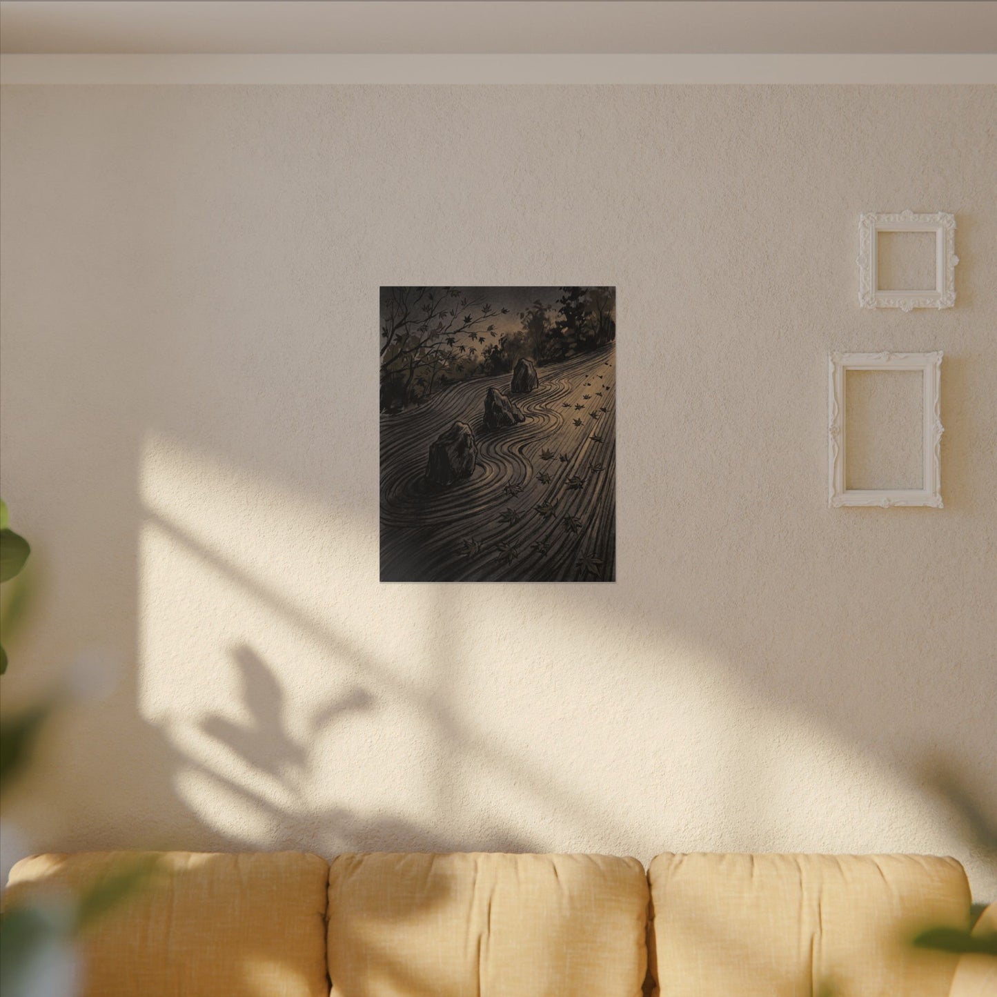 Rock Garden Canvas Art | Autumn Dark Japandi Charcoal Ink Art