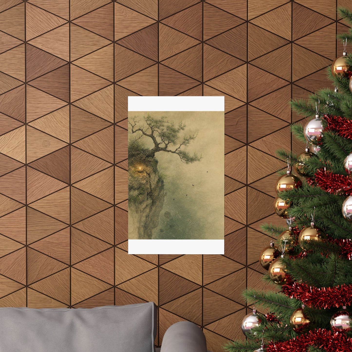 Japandi Pine Tree in Candlelight | Minimal Line Wall Art Print