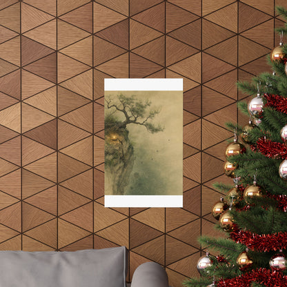 Japandi Pine Tree in Candlelight | Minimal Line Wall Art Print