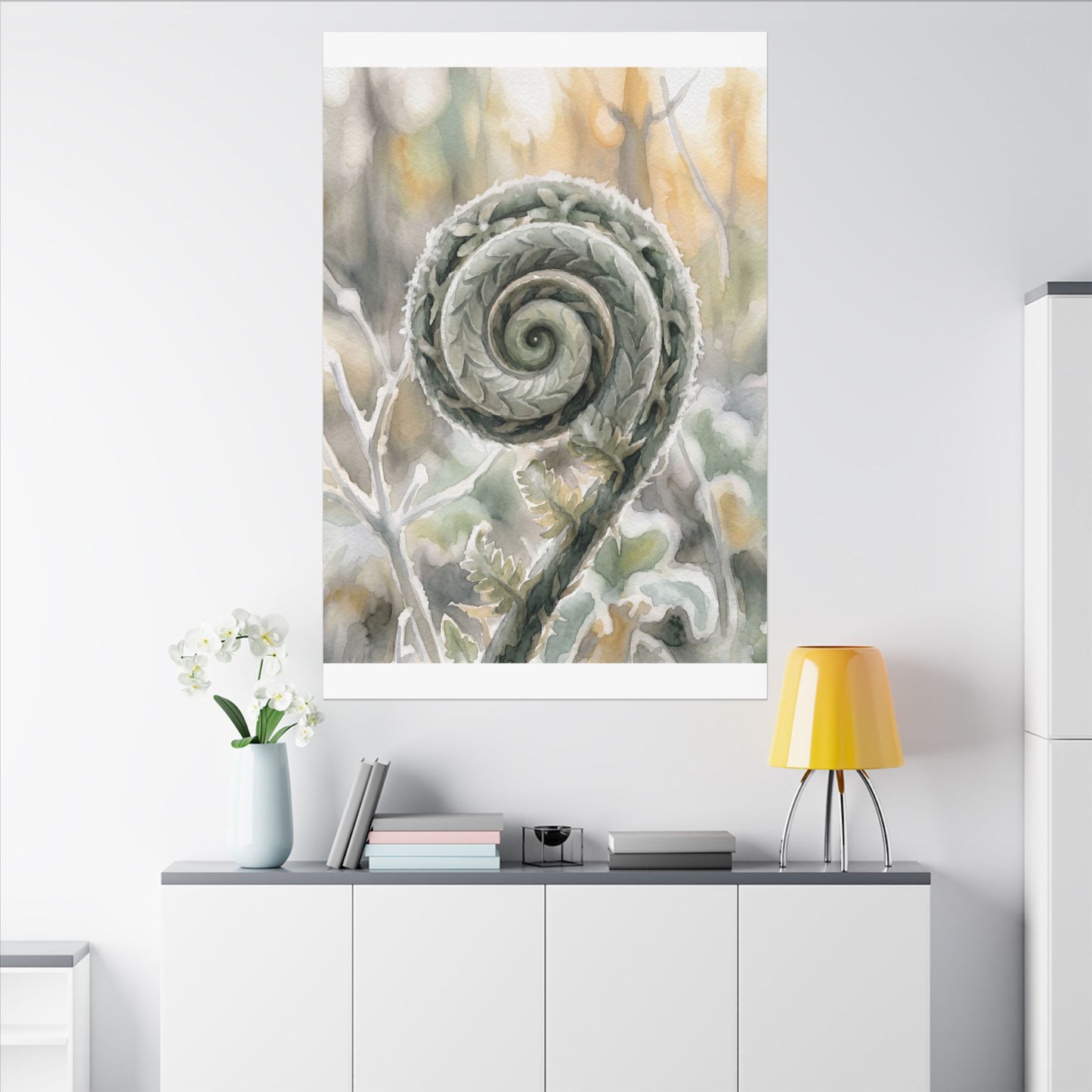 Winter Fern Unfurling Watercolor Canvas Art | Cozy Decor