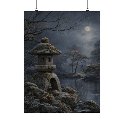 Winter Stone Lantern Japanese Pattern Wall Art Print | Earthy Decor
