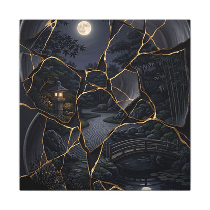Kintsugi Moonlit Garden in Golden Hour | Gold Repair Canvas Art