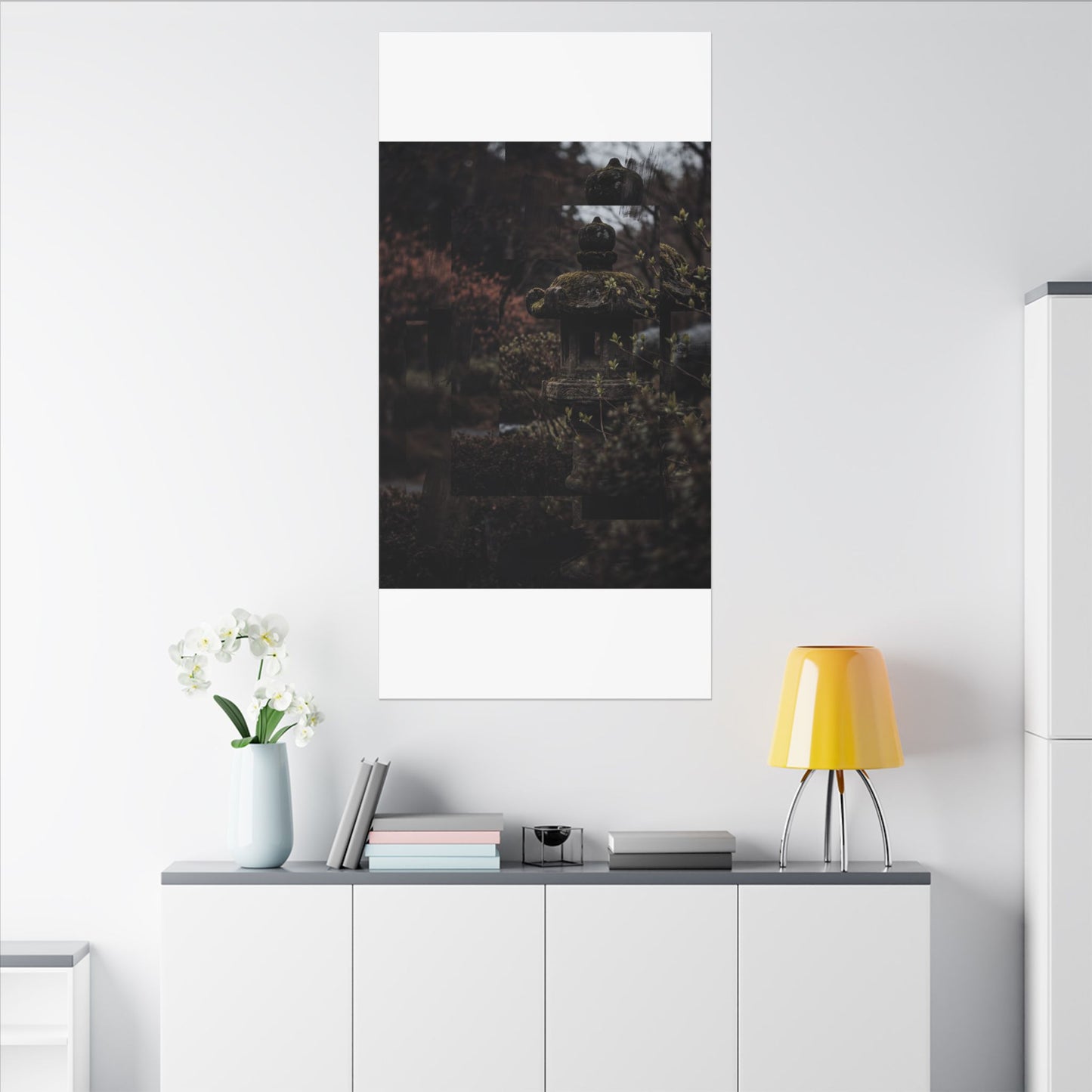 Stone Lantern Spring Canvas Art | Dark Japandi Bold Design