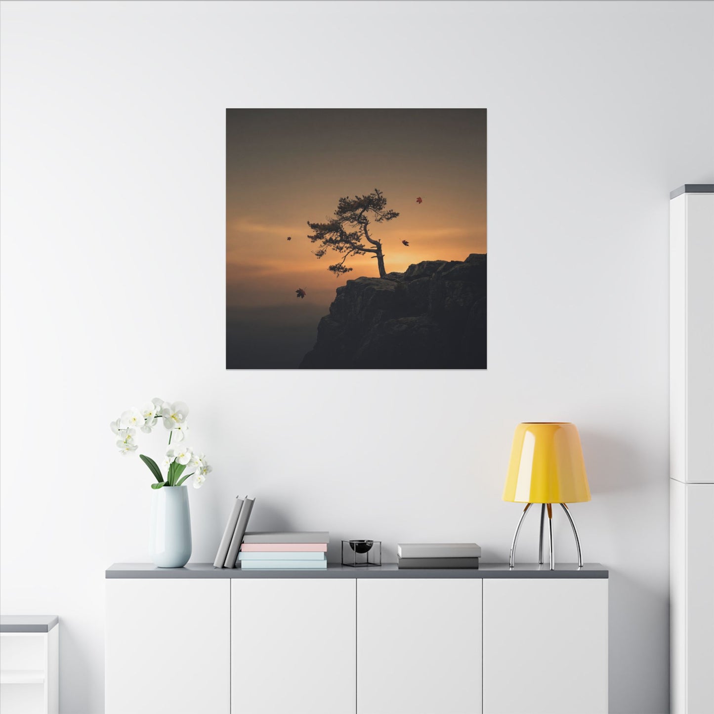 Dark Japandi Pine Tree in Golden Hour | Moody Minimal Canvas Art