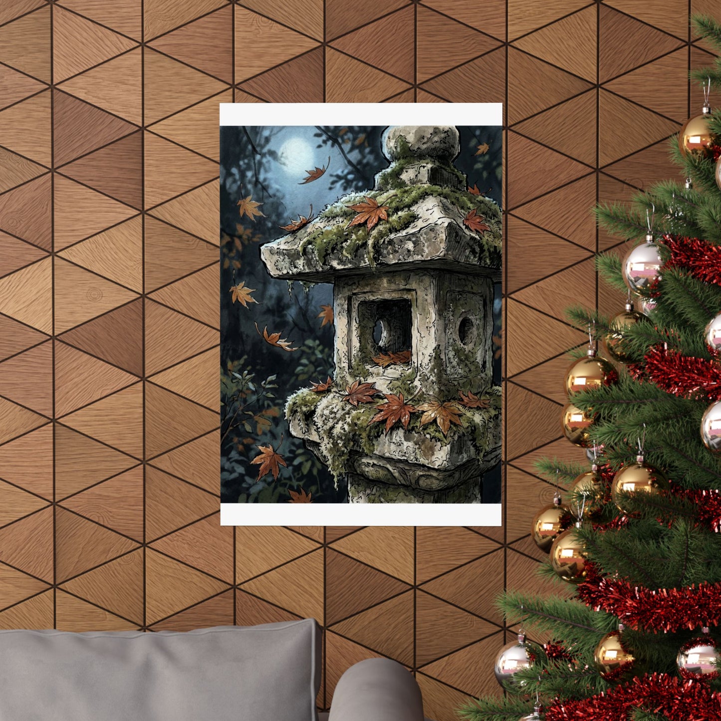 Autumn Stone Lantern Minimal Line Wall Art Print | Warm Decor