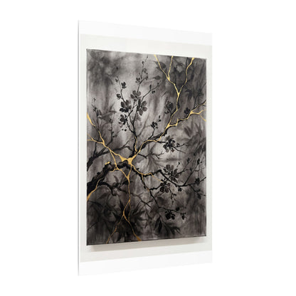 Kanso Cherry Blossom Canvas Art - Kintsugi Crackle Gold