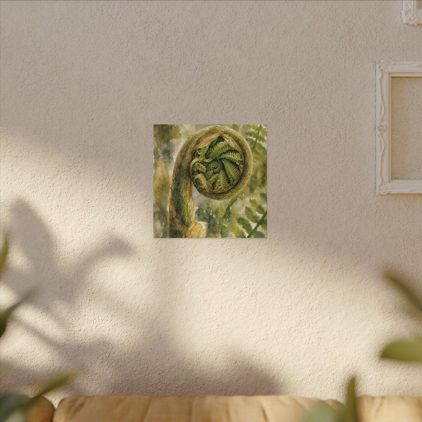 Japandi Fern Unfurling in Dappled | Watercolor Canvas Art