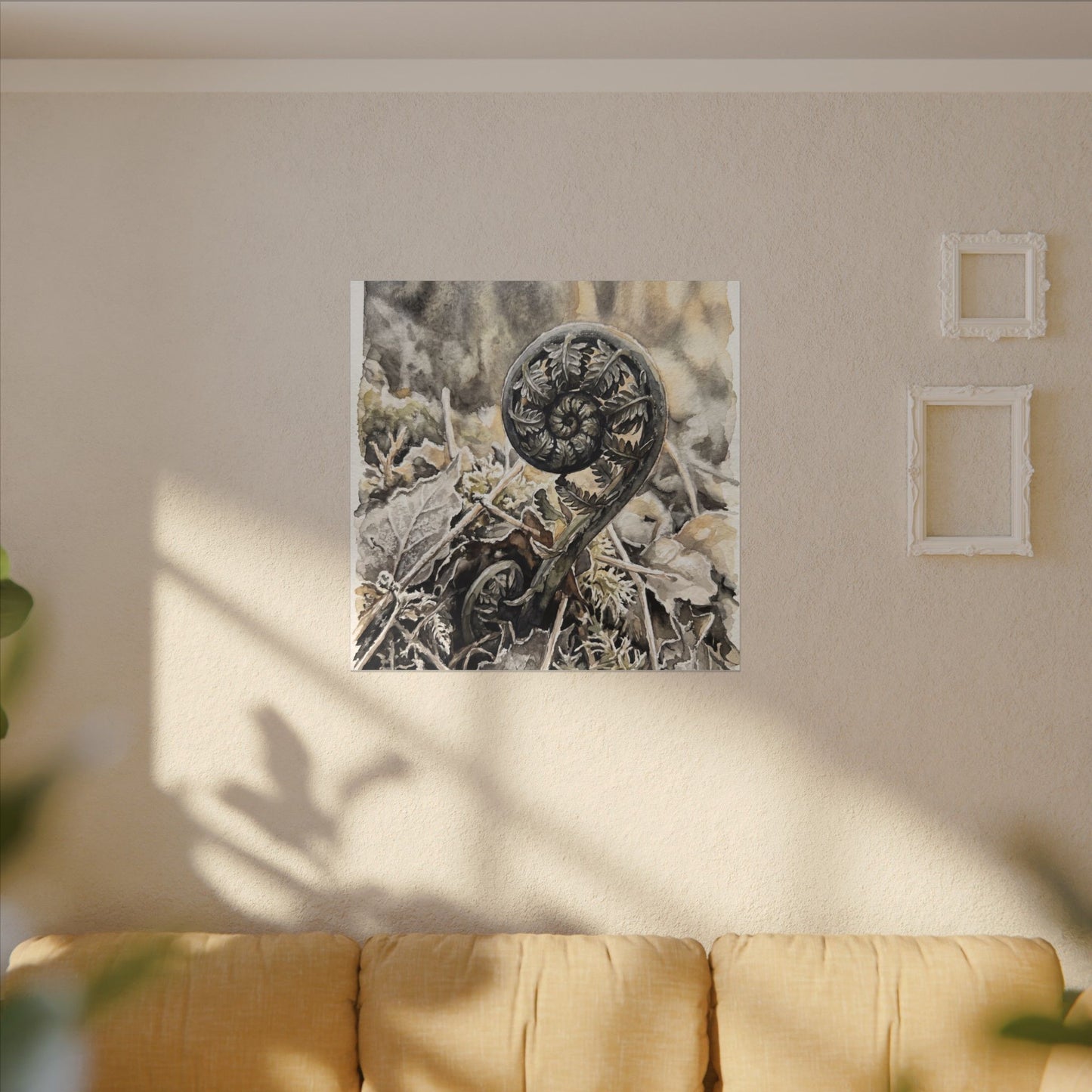 Japandi Fern Unfurling in Golden Hour | Watercolor Canvas Art