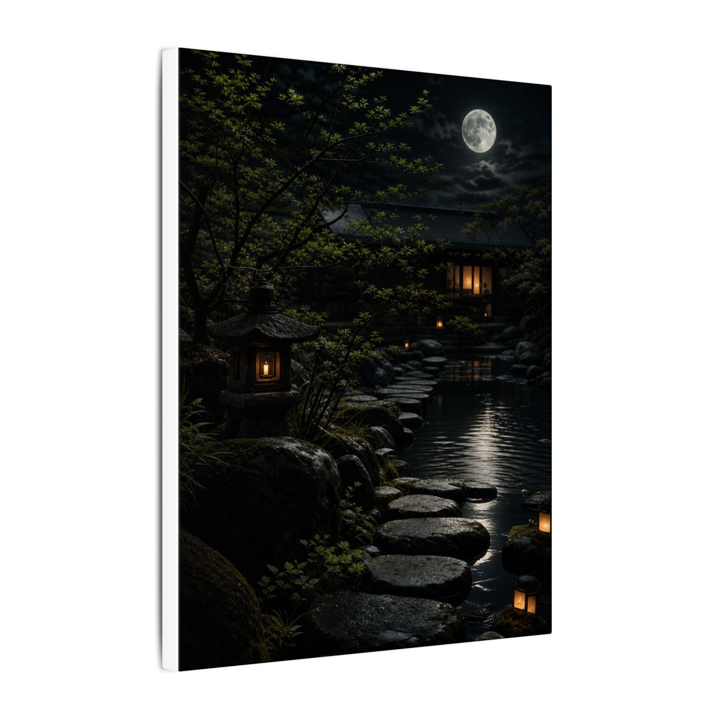 Moonlit Garden Shadow Zen Canvas Art | Sophisticated Dark Japandi Art