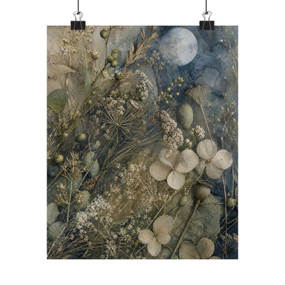 Japandi Dried Flowers in Moonlight | Watercolor Wall Art Print