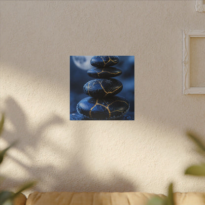 River Stones Canvas Art | Winter Kintsugi Gold Repair Art