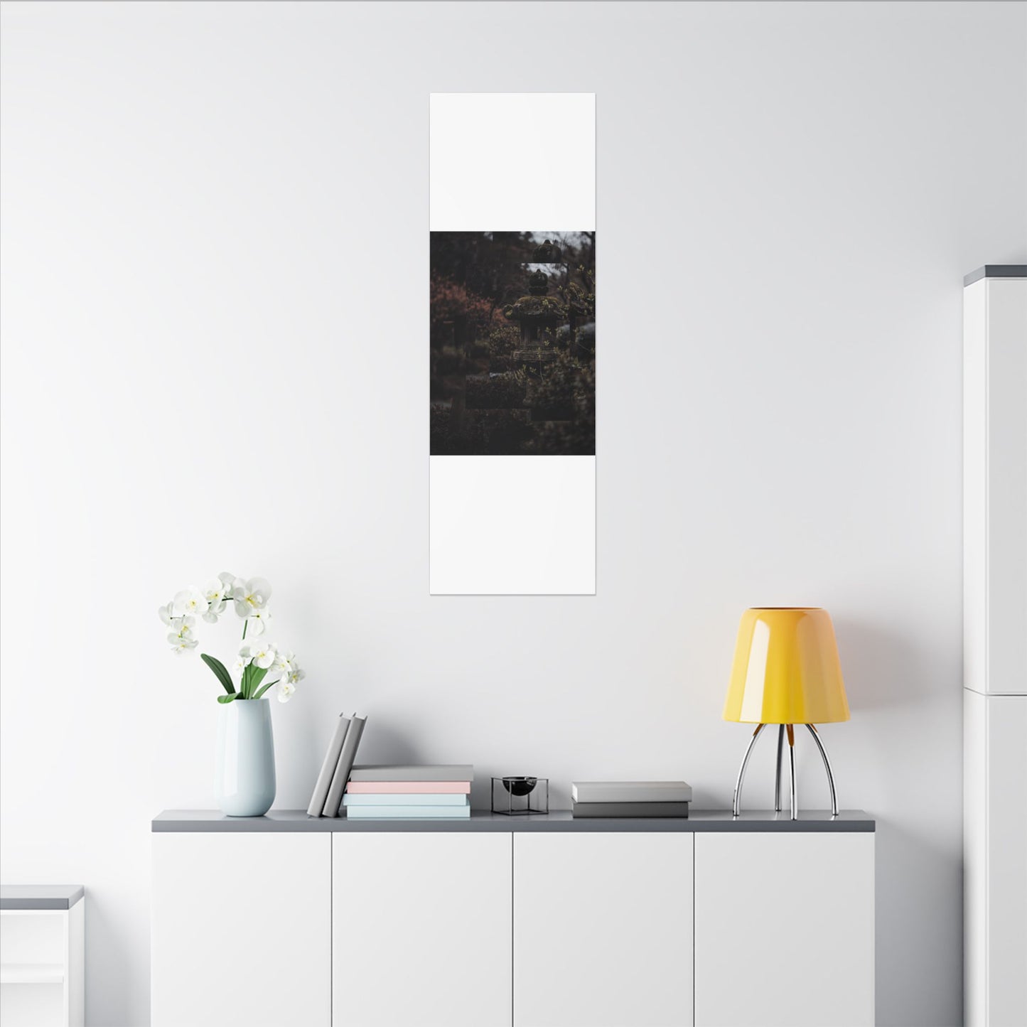 Stone Lantern Spring Canvas Art | Dark Japandi Bold Design