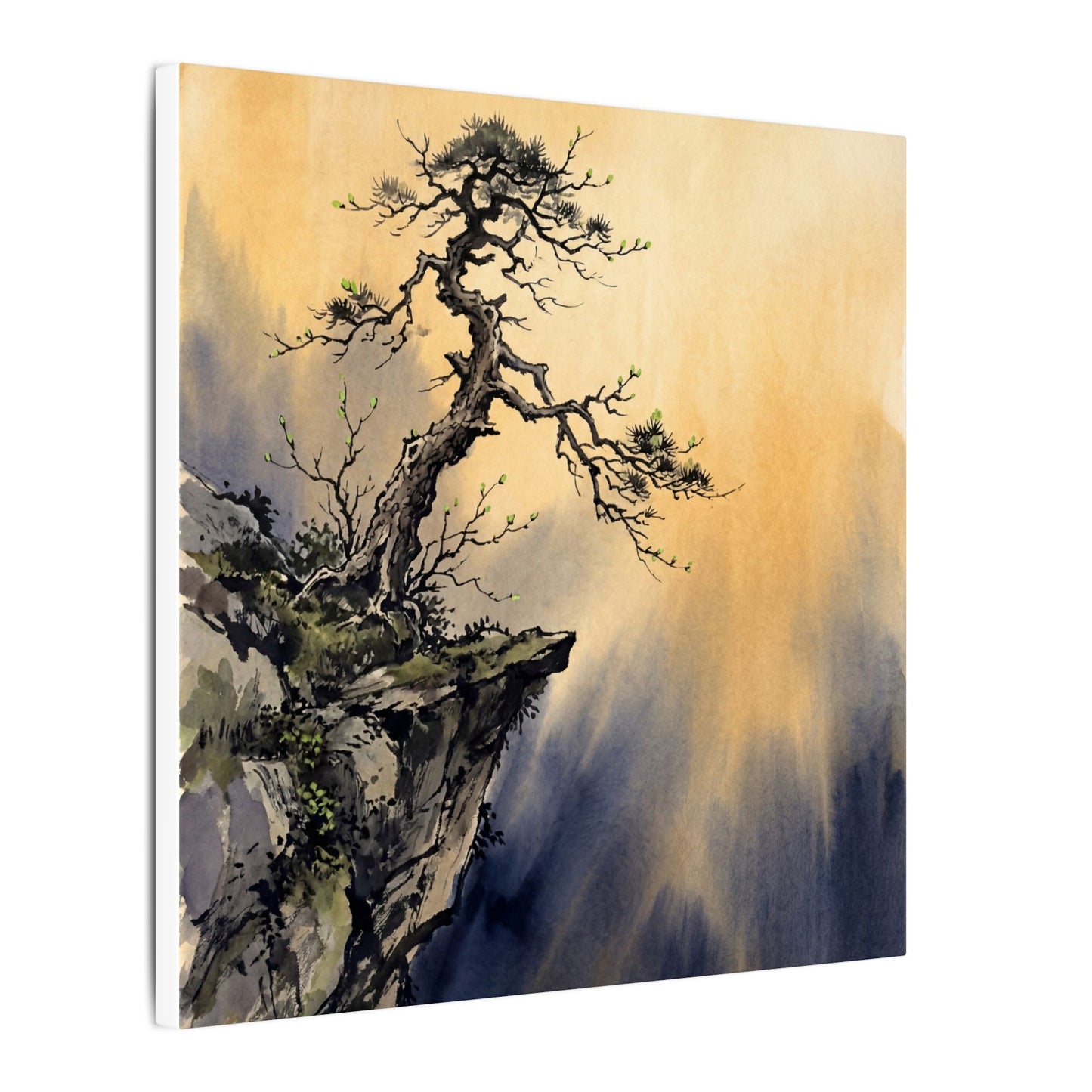 Zen Pine Tree in Golden Hour | Sumi E Canvas Art