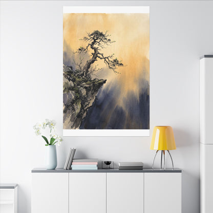 Zen Pine Tree in Golden Hour | Sumi E Canvas Art