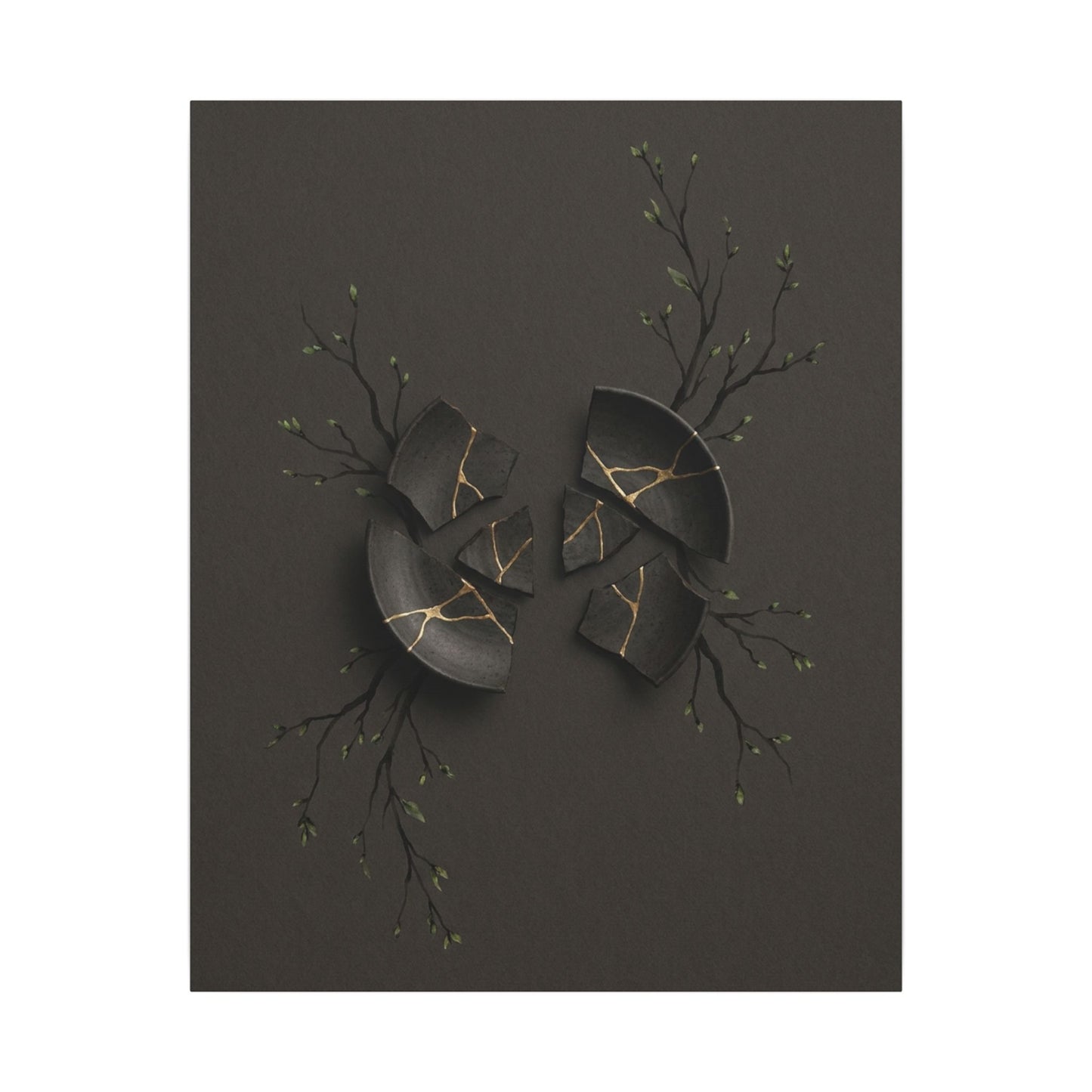 Sophisticated Broken Pottery Canvas Art - Charcoal Ink Dark Japandi