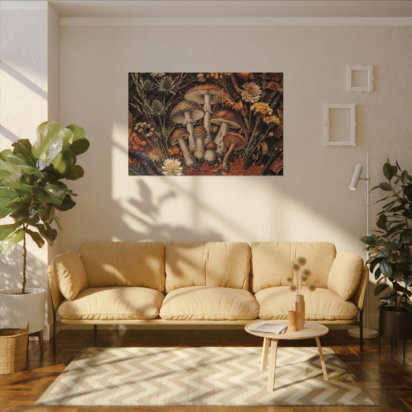 Autumn Dried Flowers Mushroom Illustration Canvas Art | Earthy Decor