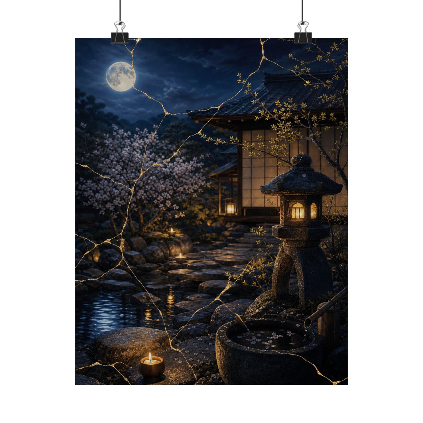 Spring Moonlit Garden Gold Vein Wall Art Print | Resilient Decor