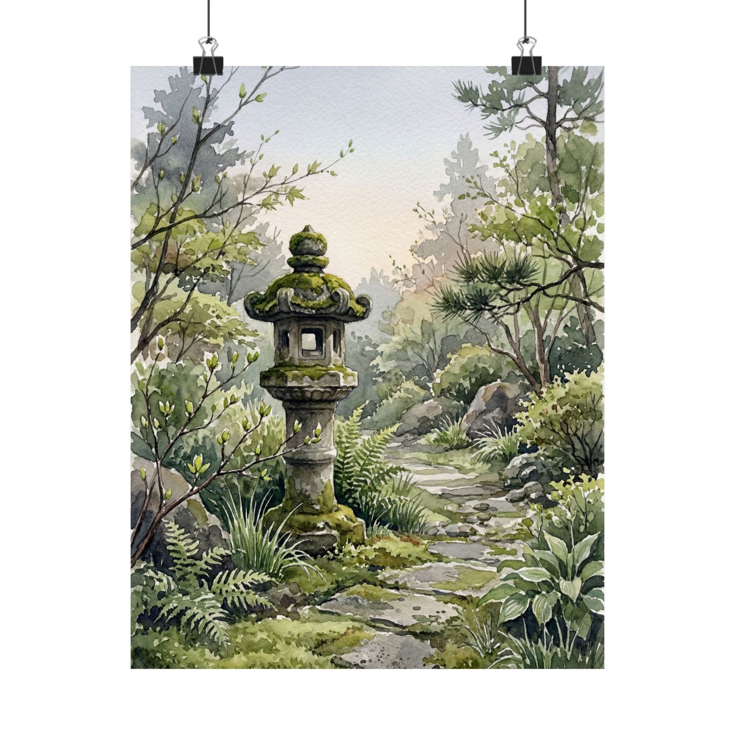 Japandi Stone Lantern in Dawn | Watercolor Wall Art Print Art Print