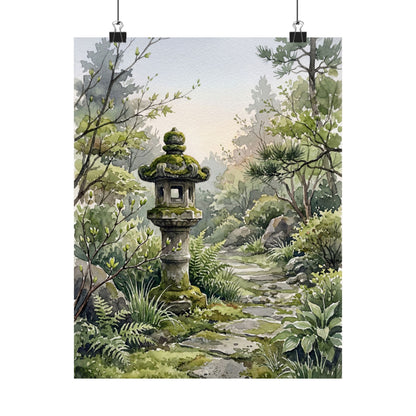 Japandi Stone Lantern in Dawn | Watercolor Wall Art Print Art Print
