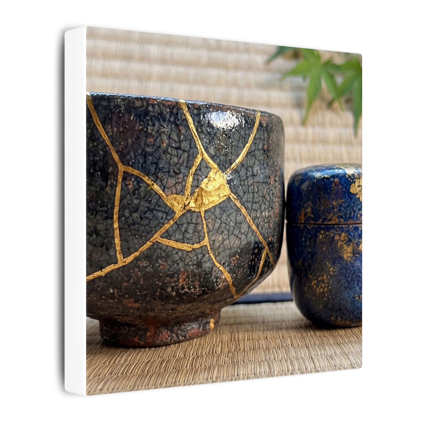 Tea Ceremony Crackle Gold Canvas Art | Philosophical Kintsugi Art