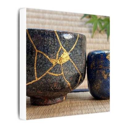 Tea Ceremony Crackle Gold Canvas Art | Philosophical Kintsugi Art