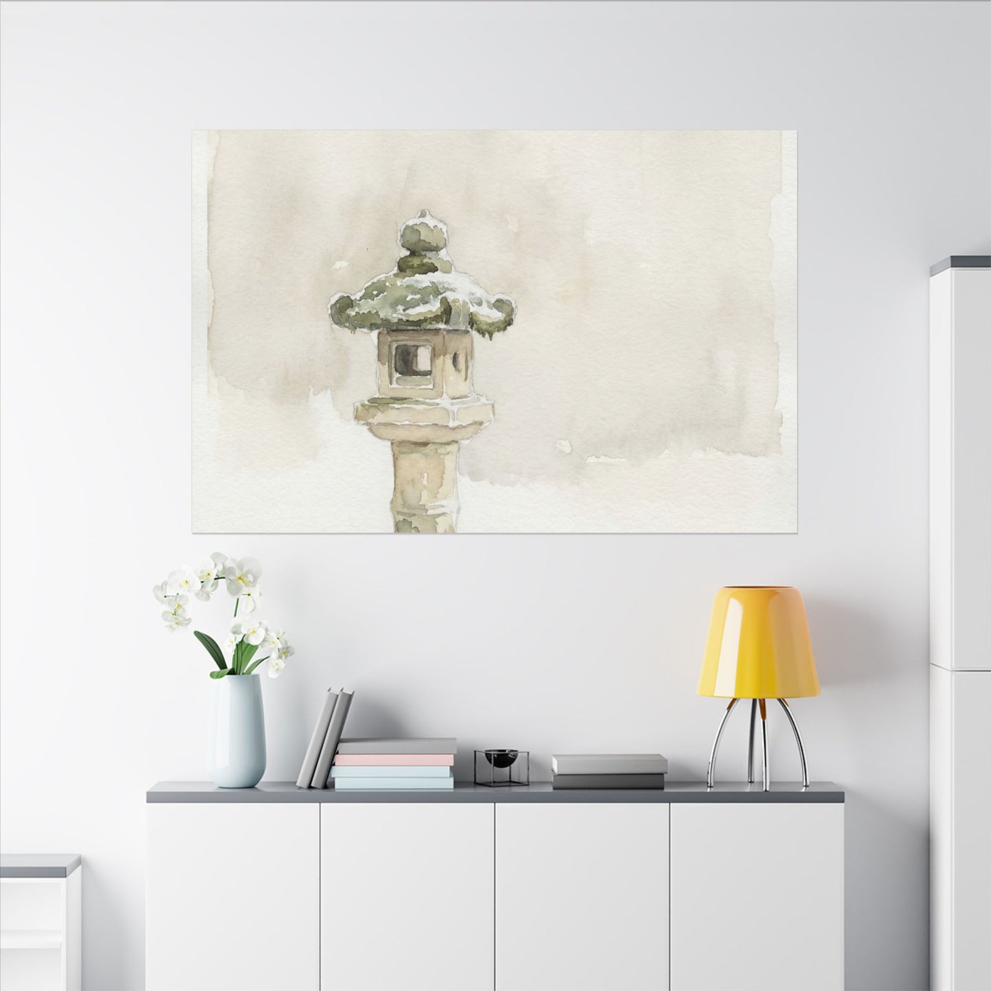 Stone Lantern Winter Canvas Art | Japandi Earthy Design