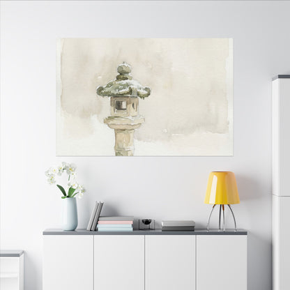 Stone Lantern Winter Canvas Art | Japandi Earthy Design