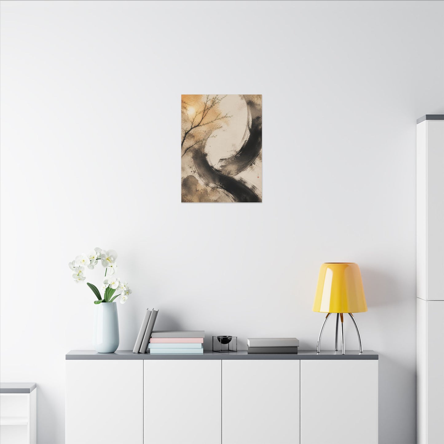 Japandi Ink Brushstroke in Golden Hour | Watercolor Canvas Art