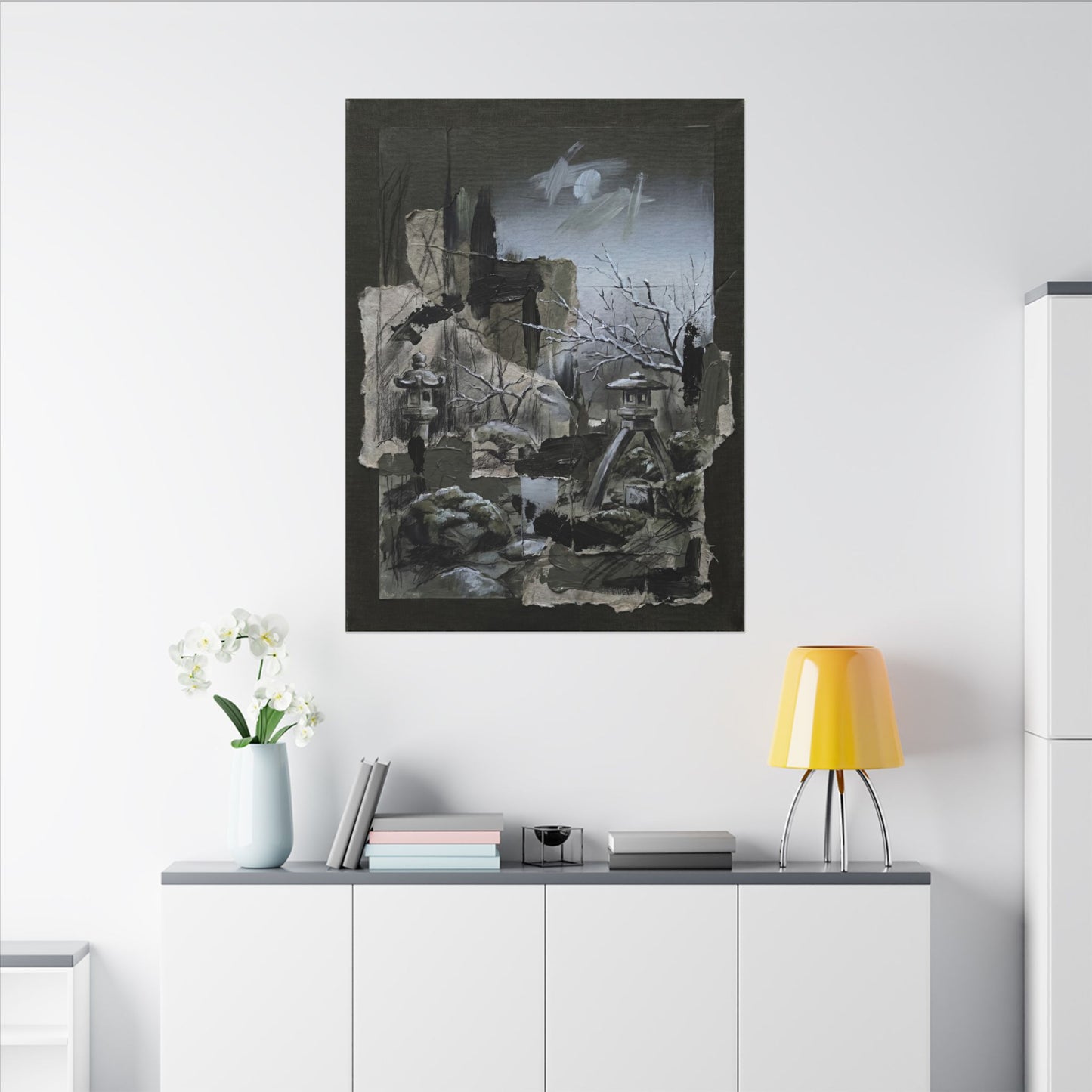 Winter Moonlit Garden Dark Texture Canvas Art | Moody Decor