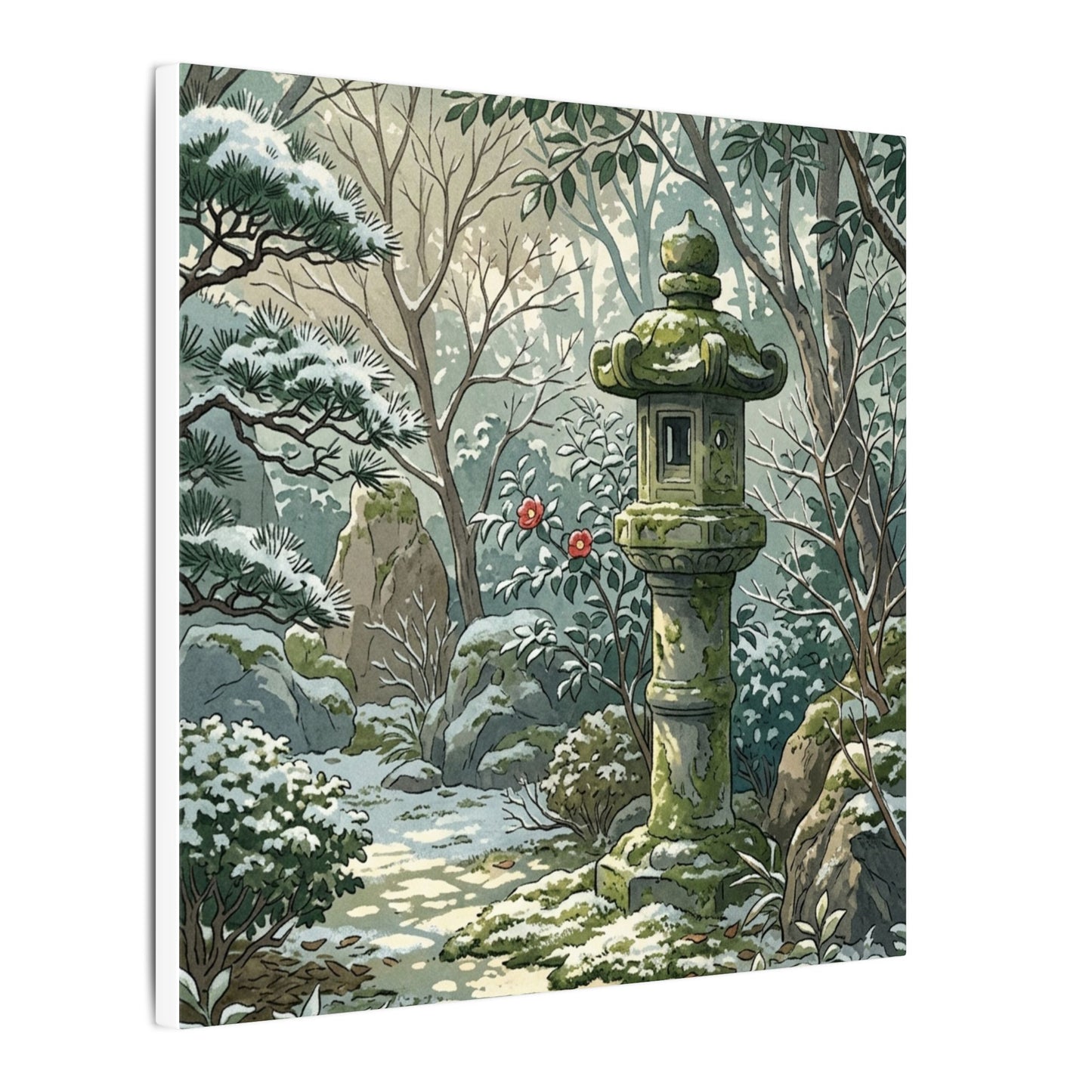 Stone Lantern Winter Canvas Art | Japandi Warm Design