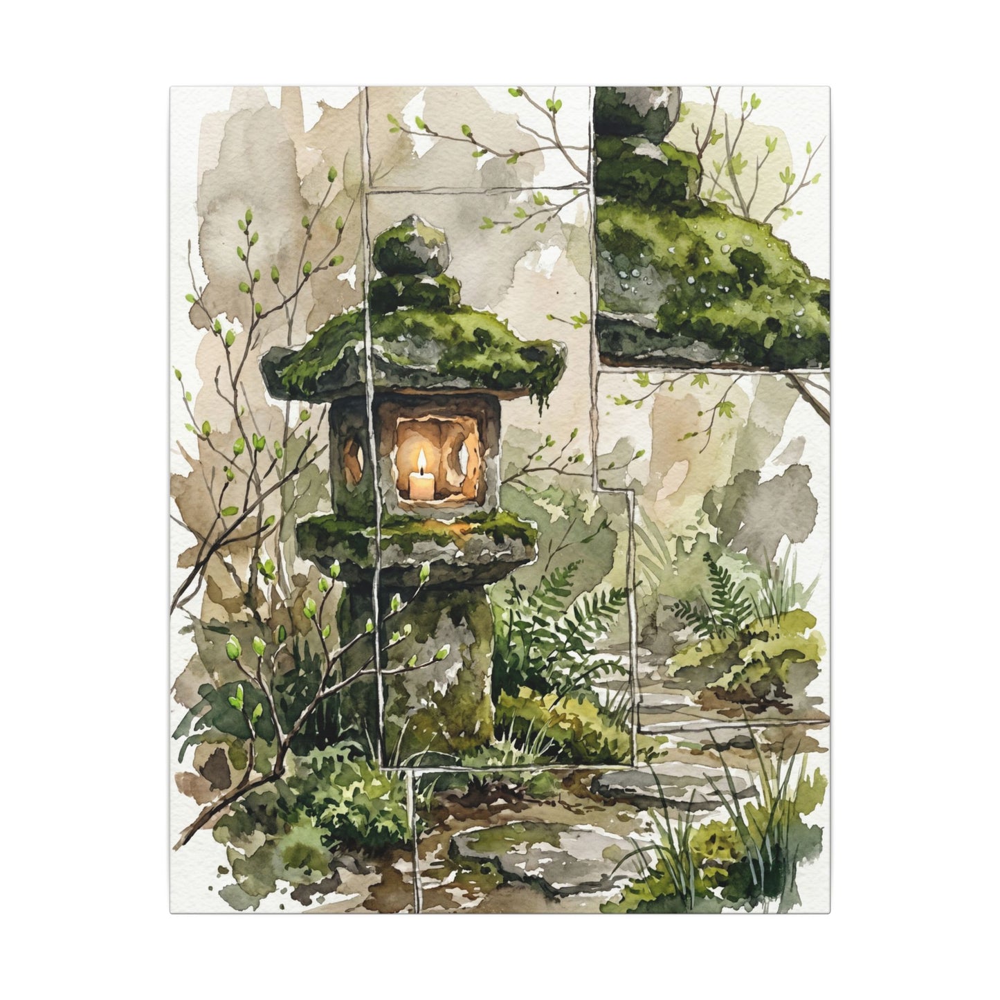 Stone Lantern Watercolor Canvas Art | Elegant Japandi Art