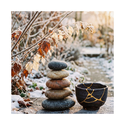 Winter River Stones Gold Repair Wall Art Print | Healing Decor
