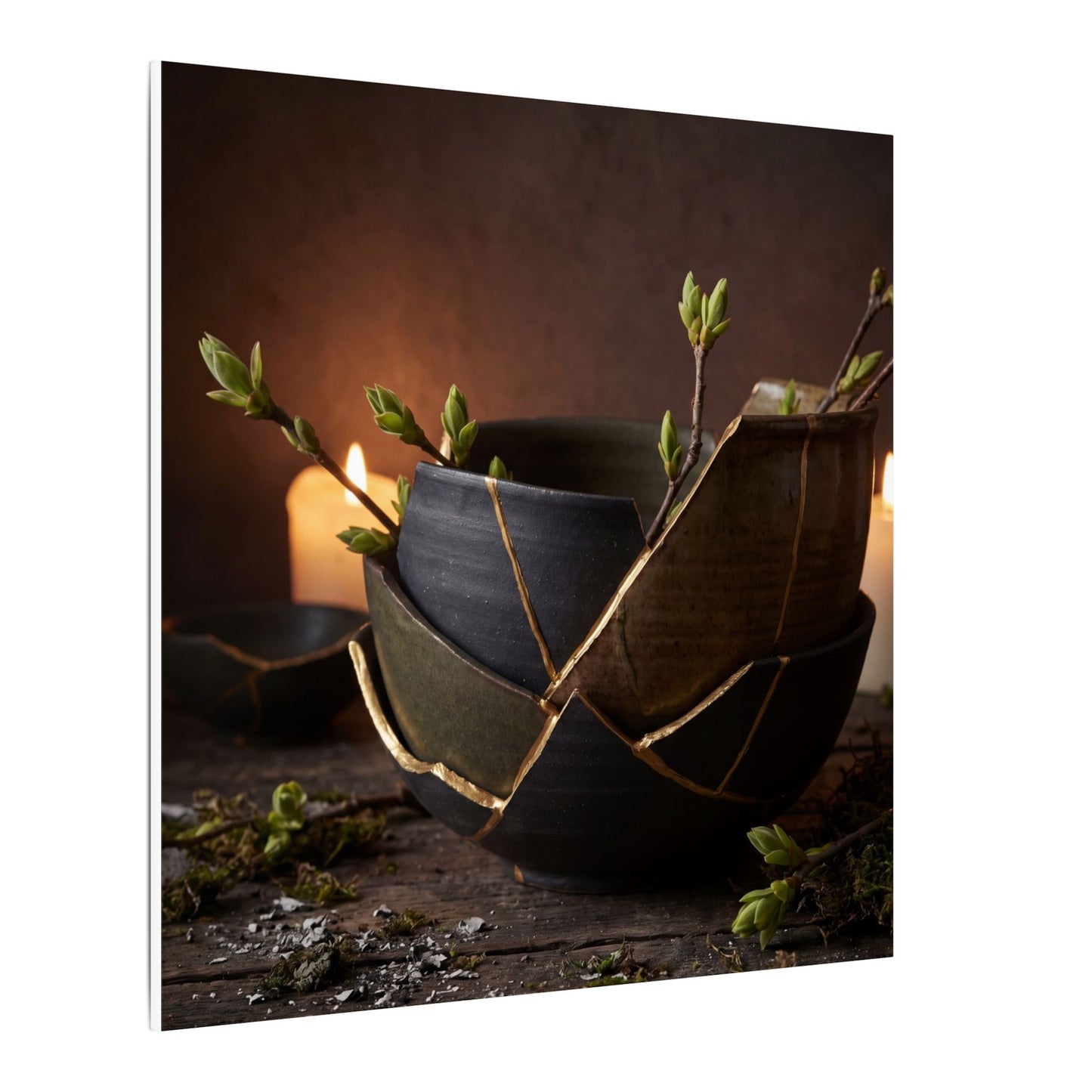 Broken Pottery Spring Canvas Art | Dark Japandi Luxurious Design