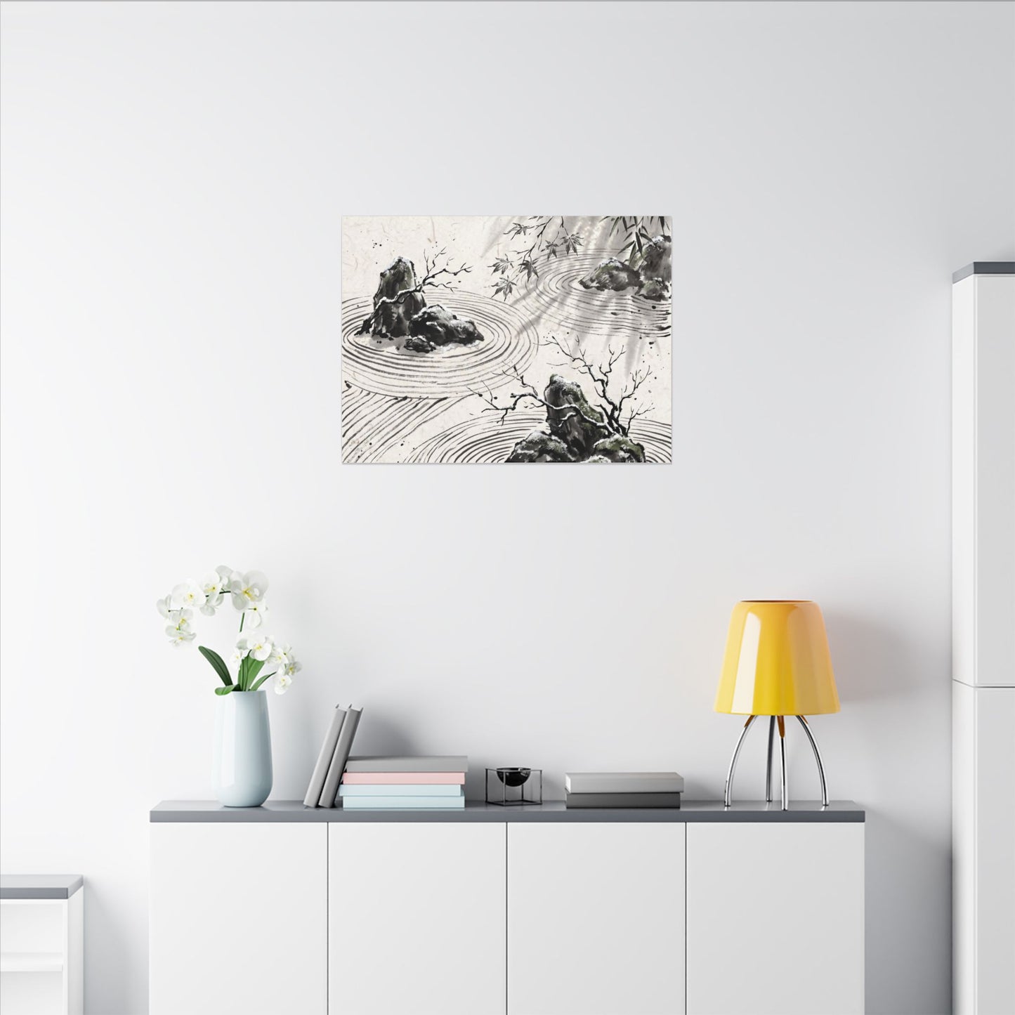 Rock Garden Canvas Art | Winter Zen Sumi E Art