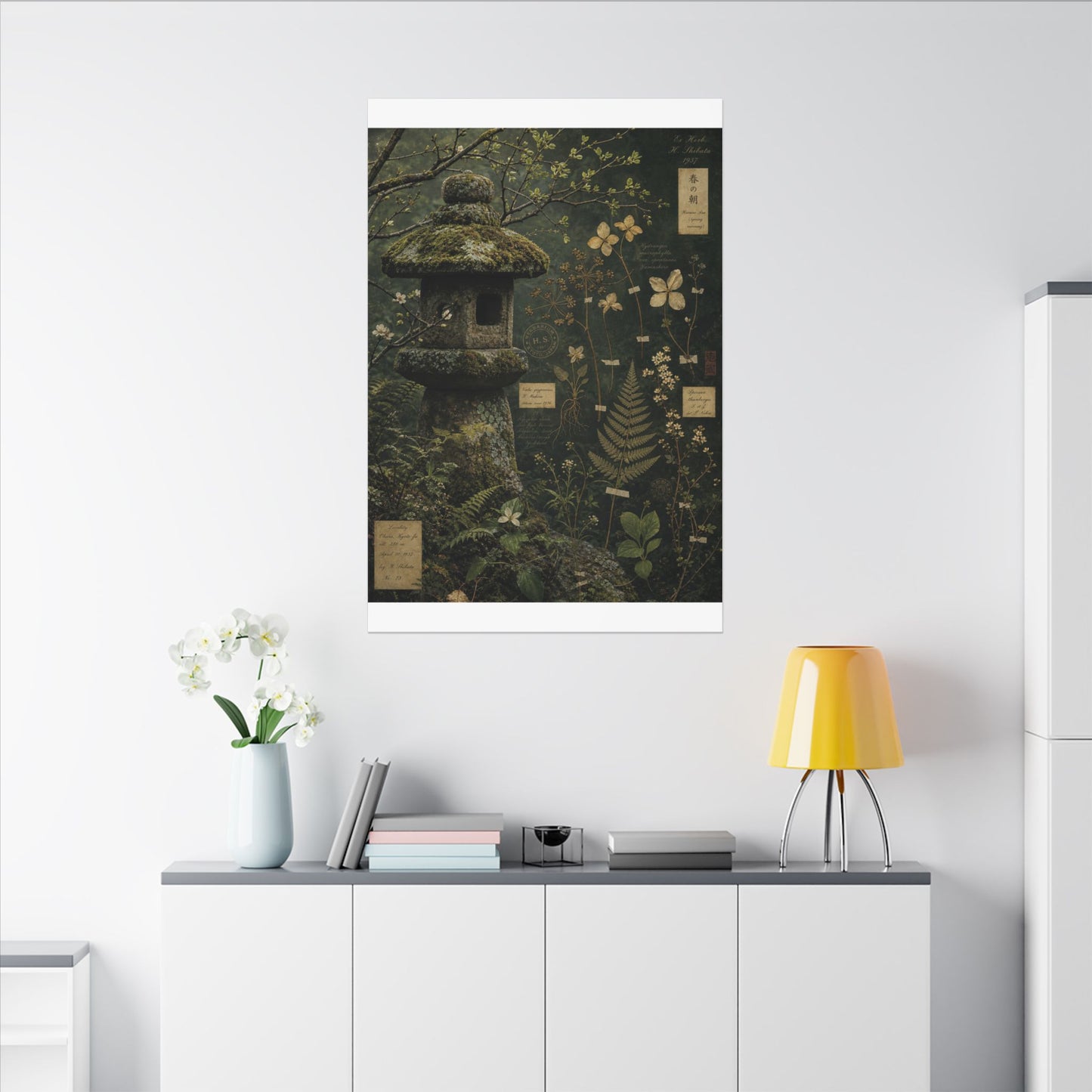 Spring Stone Lantern Herbarium Canvas Art | Nostalgic Decor