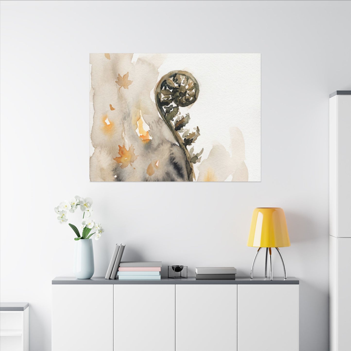 Fern Unfurling Watercolor Canvas Art | Earthy Japandi Art