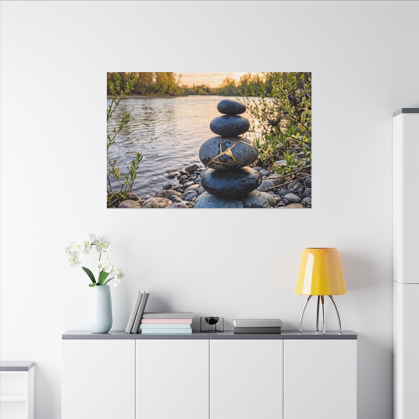 Kintsugi River Stones in Golden Hour | Gold Vein Canvas Art