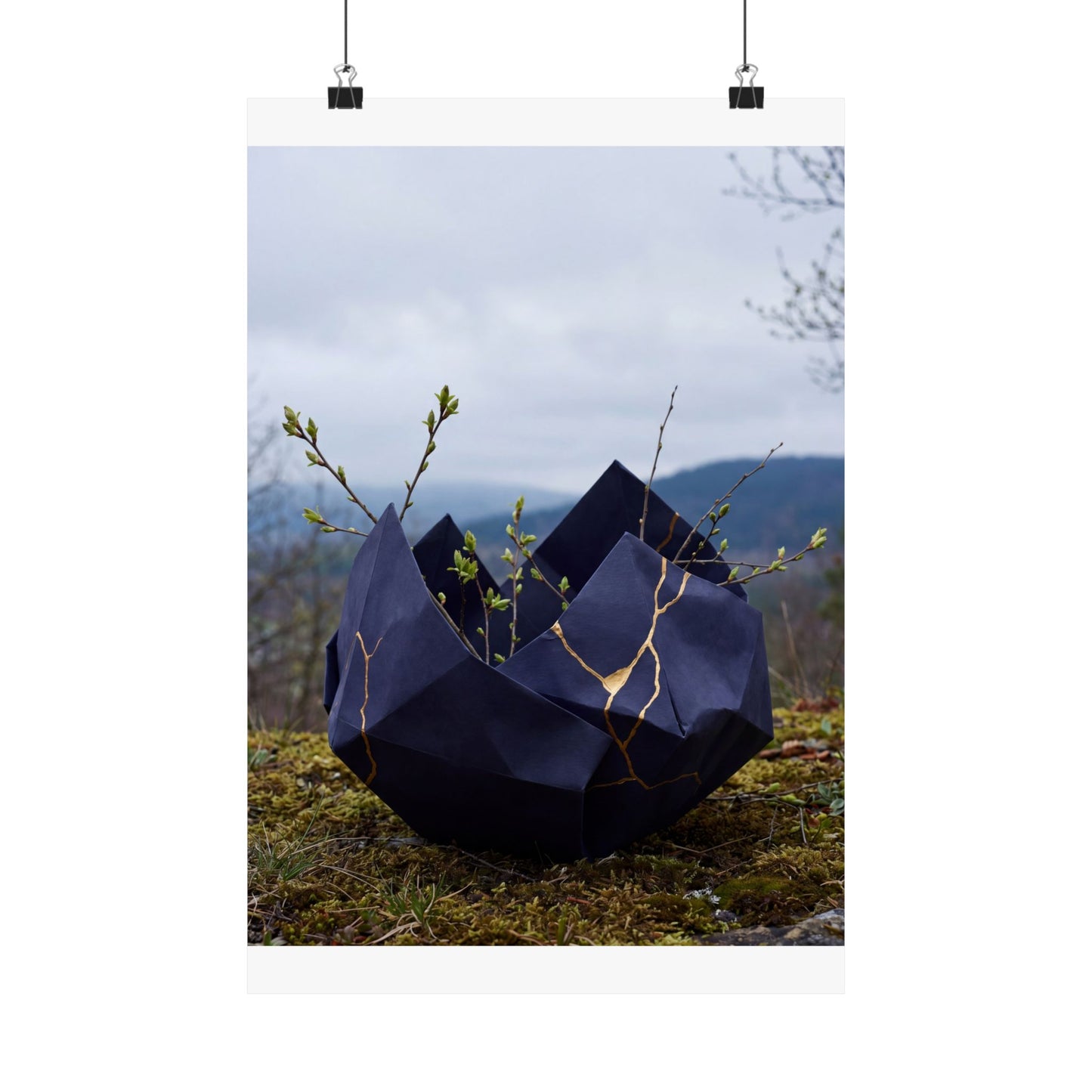 Kintsugi Paper Fold in Overcast | Gold Repair Wall Art Print