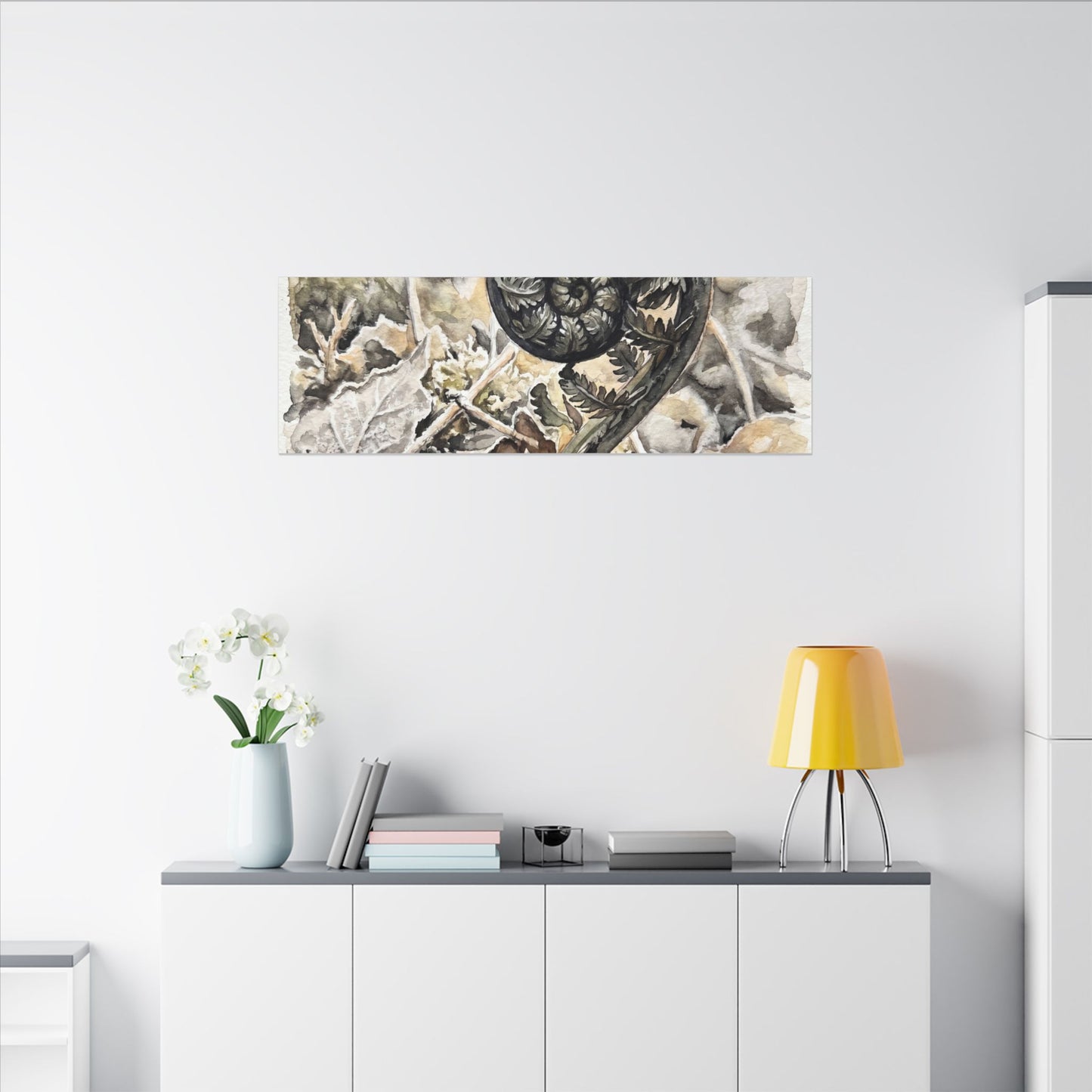Japandi Fern Unfurling in Golden Hour | Watercolor Canvas Art