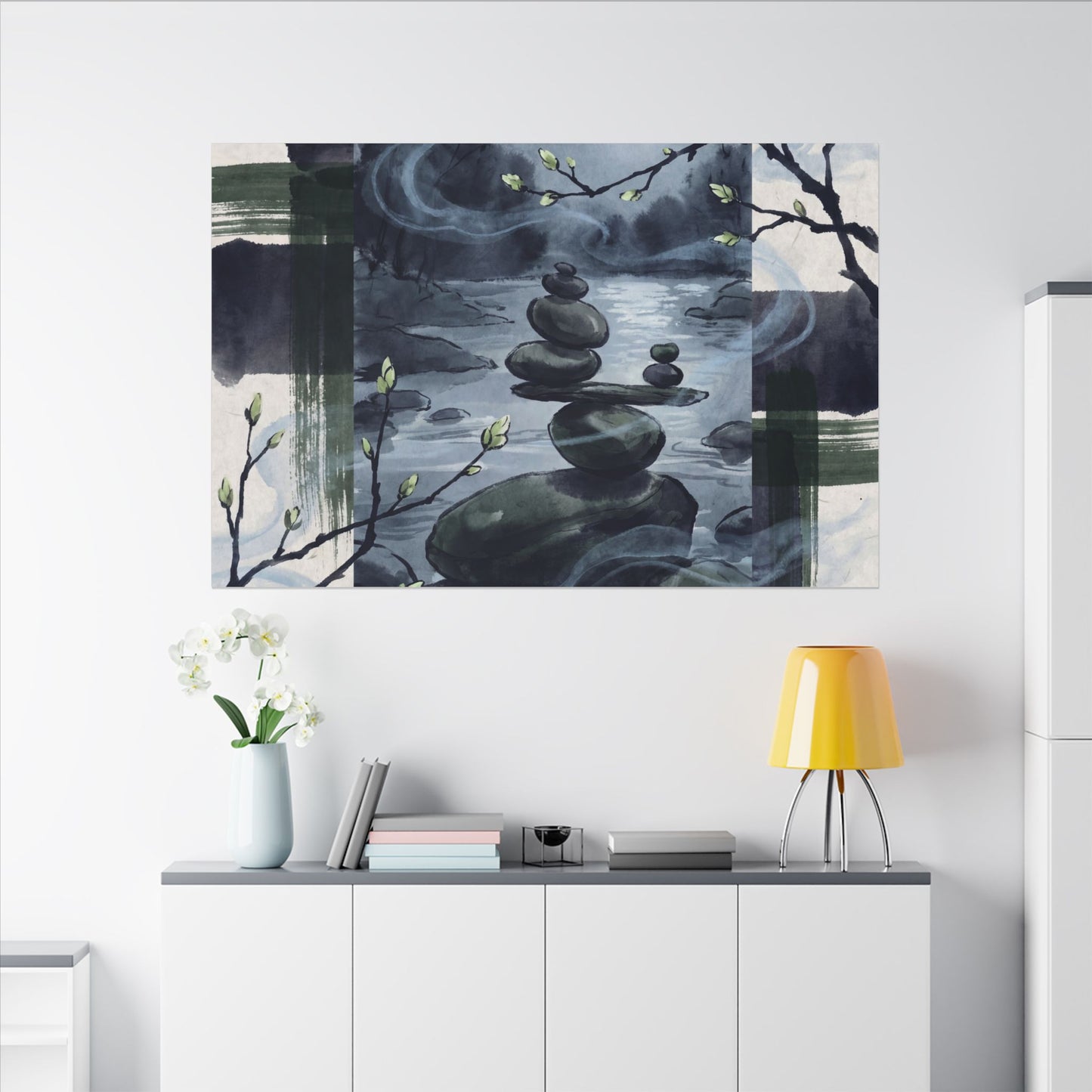 Moonlight River Stones Canvas Art - Zen Shibui