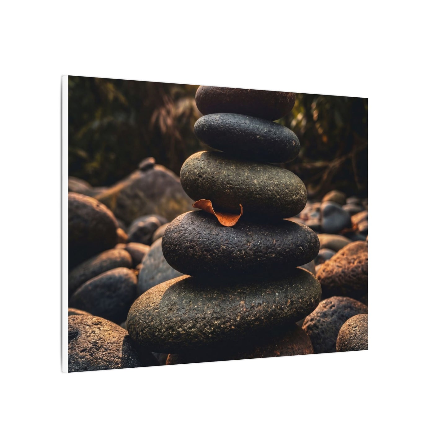 Dark Japandi River Stones in Golden Hour | Moody Minimal Canvas Art