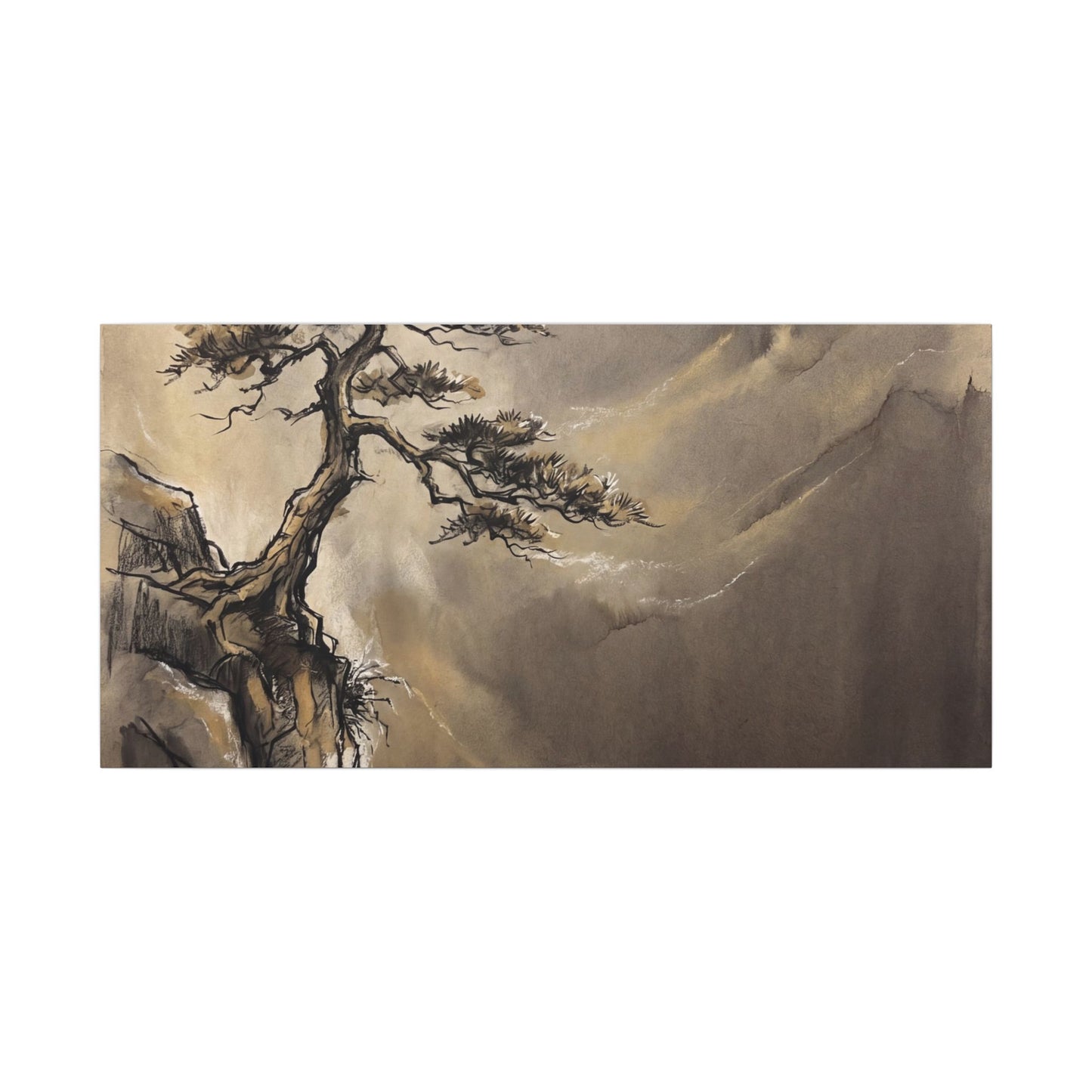 Pine Tree Charcoal Ink Canvas Art | Luxurious Dark Japandi Art
