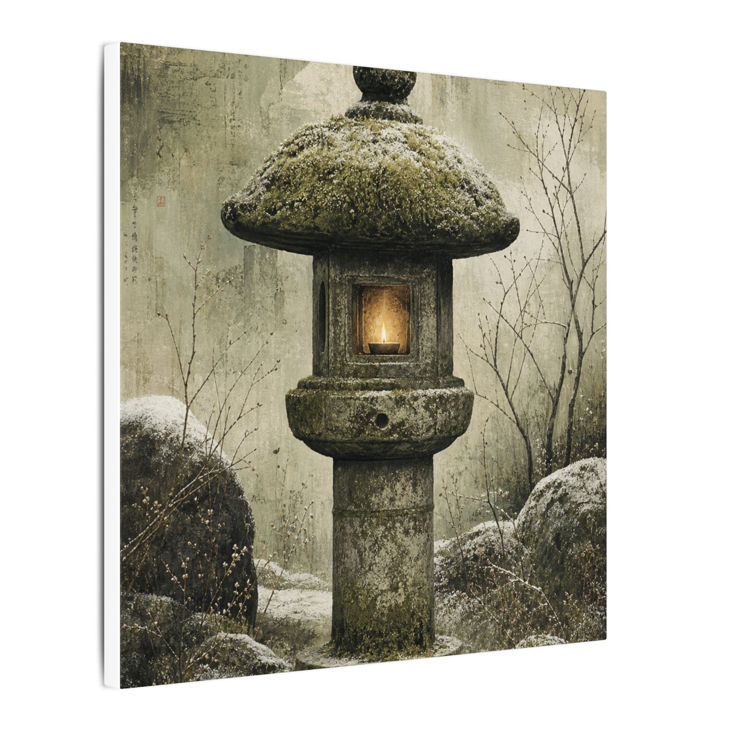 Stone Lantern Winter Canvas Art | Japandi Neutral Design