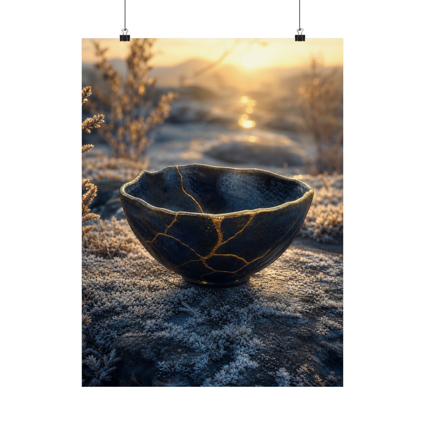 Kintsugi Ceramic Bowl in Golden Hour | Gold Repair Wall Art Print