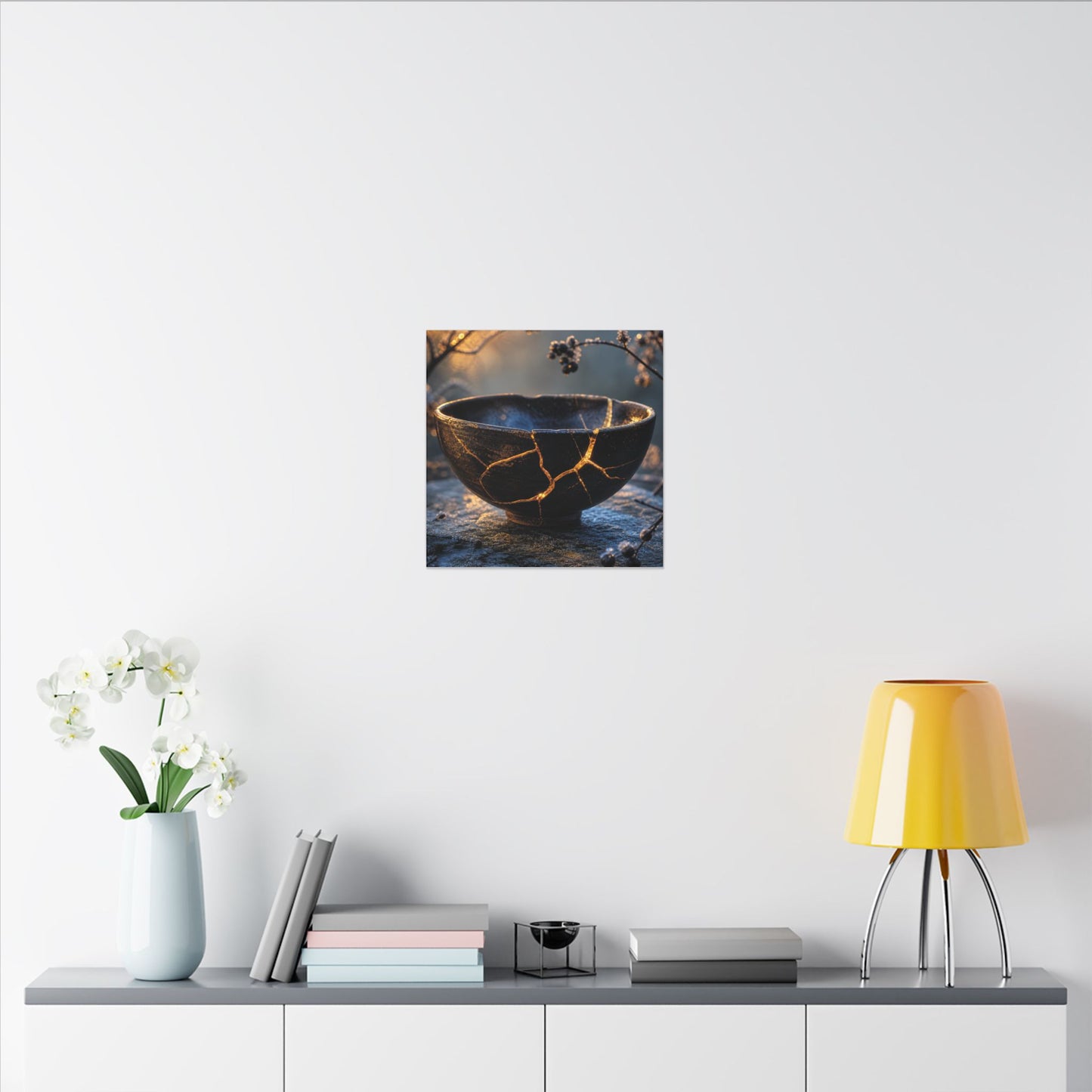 Ceramic Bowl Canvas Art | Winter Kintsugi Gold Repair Art