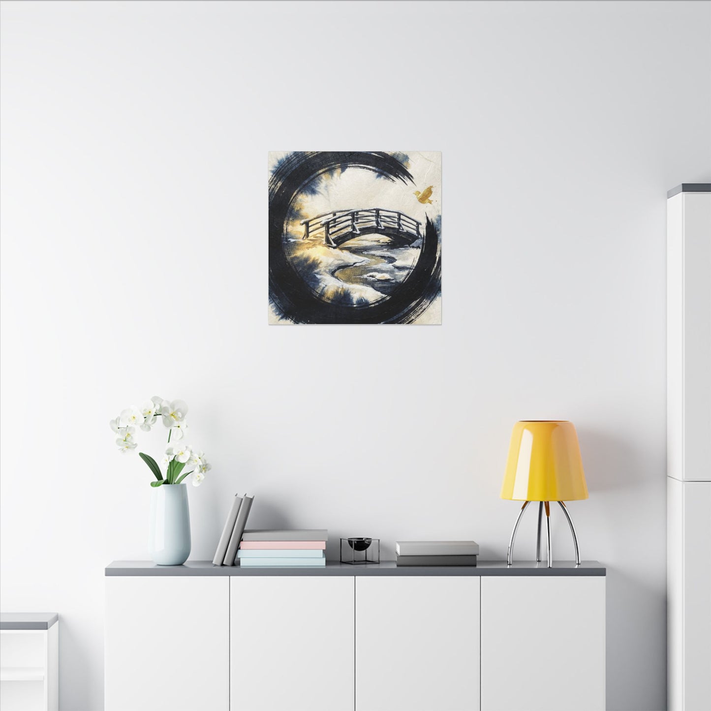 Winter Wooden Bridge Enso Canvas Art | Serene Decor
