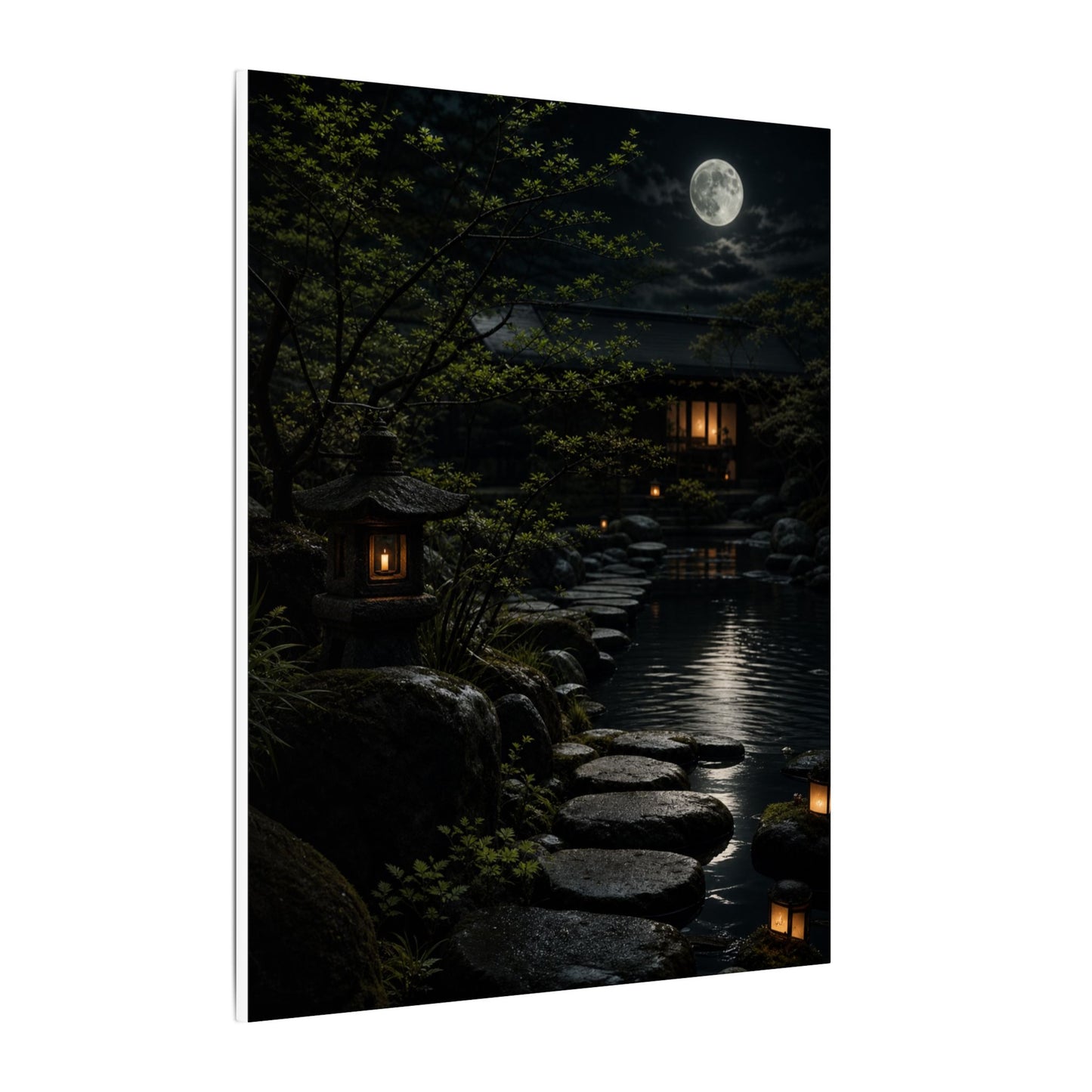 Moonlit Garden Shadow Zen Canvas Art | Sophisticated Dark Japandi Art
