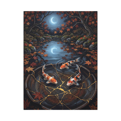 Koi Pond Canvas Art | Autumn Kintsugi Gold Repair Art