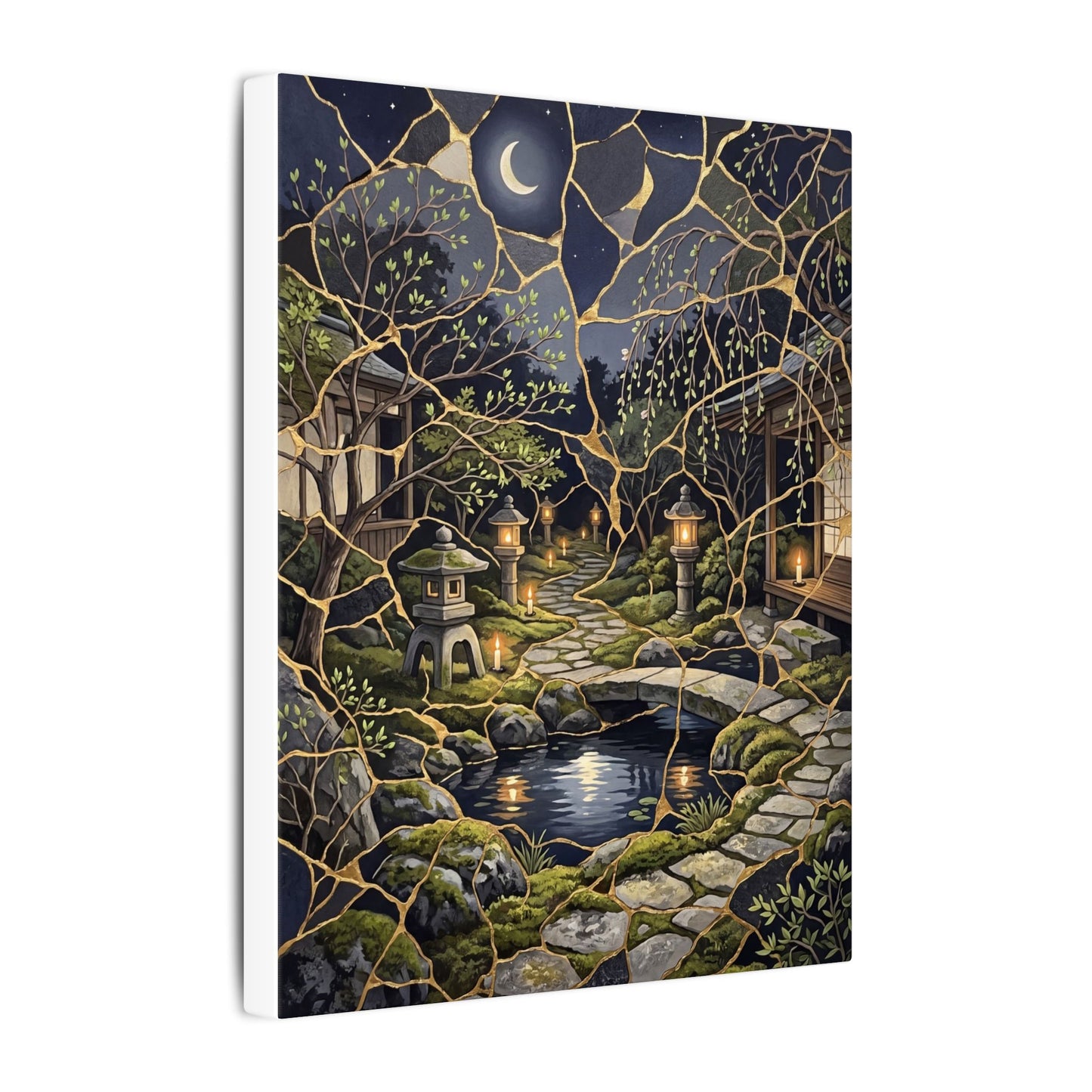 Kintsugi Moonlit Garden in Candlelight | Gold Vein Canvas Art